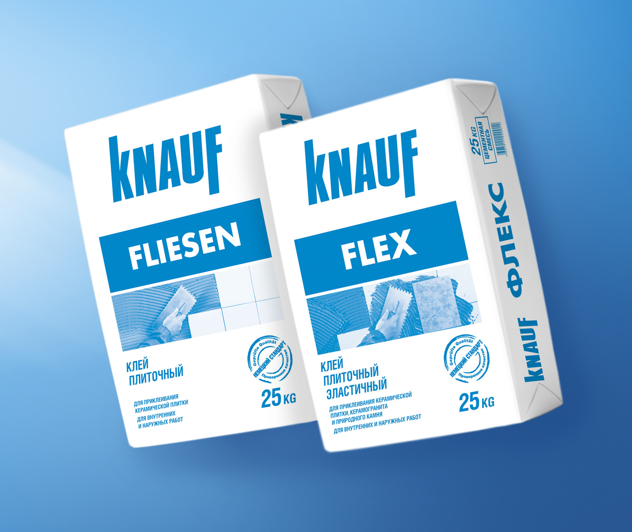 На снимке два 25-килограммовых мешка плиточного клея Knauf с маркировкой FLIESEN и FLEX в сине-белой упаковке, с текстом на русском языке и логотипом Soldis на синем фоне.