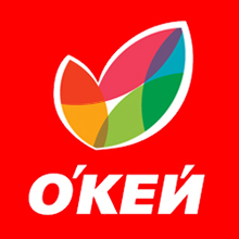 Красочный логотип в форме листа с перекрывающимися сегментами красного, оранжевого, желтого, зеленого и фиолетового цветов над словом ОКЕЙ, написанным жирными белыми кириллическими буквами на ярко-красном фоне, созданный Soldis.