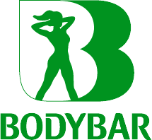 Зеленый логотип со словом BODYBAR под большой буквой B, изображающий силуэт женщины, стоящей с руками за головой, выполнен в фирменном стиле Soldis.