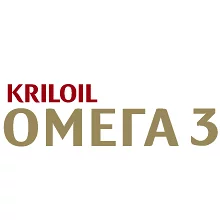 Логотип со словами KRILOIL красным цветом и ОМЕГА 3 (Omega 3 кириллицей) золотым цветом на белом фоне, созданный Soldis.