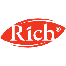 На изображении изображено слово Rich, написанное жирными белыми буквами с символом ®, на красном фоне в форме листа, разработанном Soldis.