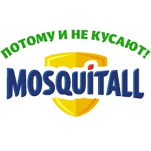 Логотип Mosquitall представляет собой желтый щит и зеленый текст на русском языке сверху, гласящий «Потому и не кусают!», созданный Soldis.