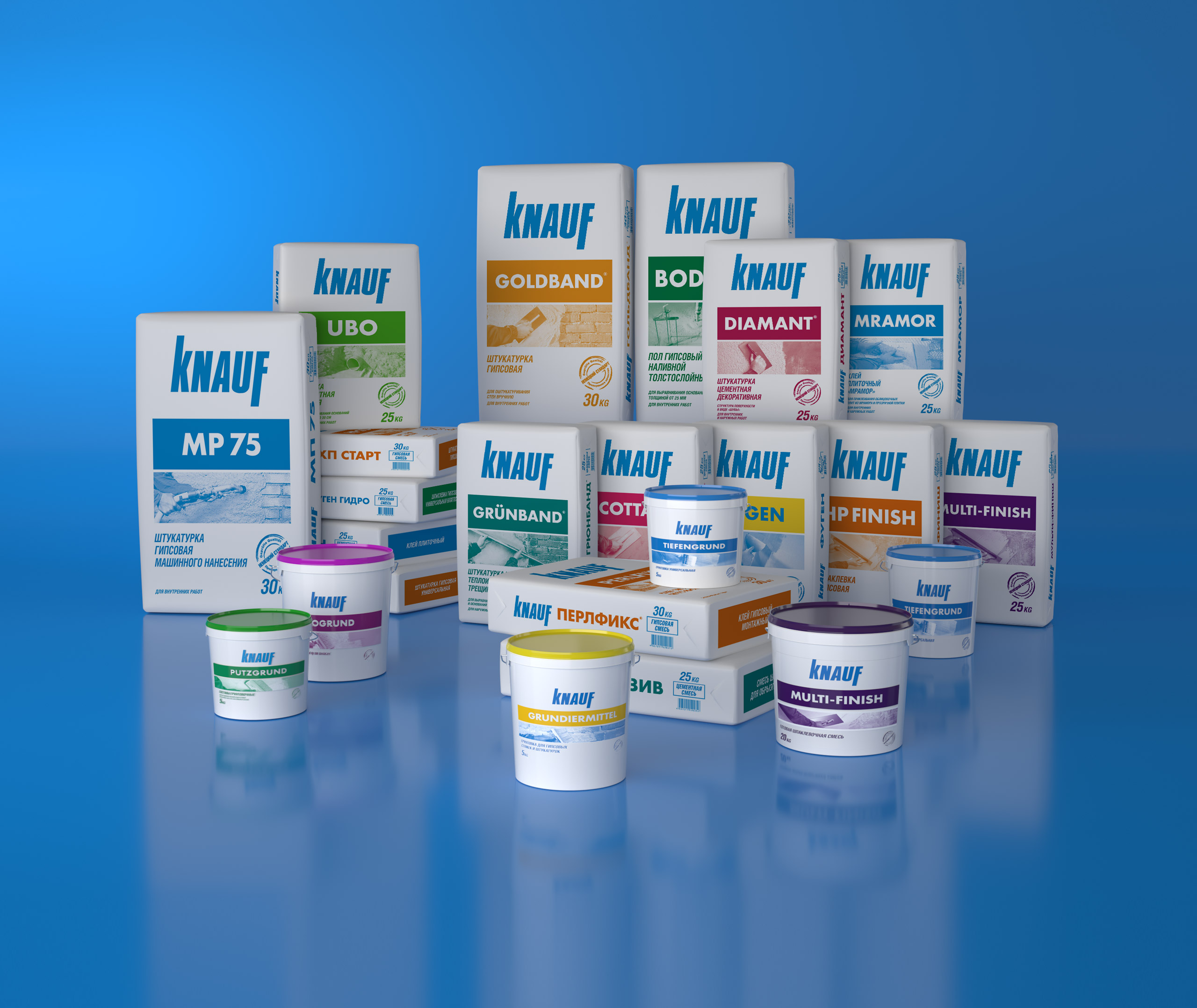 Разнообразные строительные продукты Knauf, включая мешки и канистры со штукатуркой, шпатлевкой и отделочными материалами, расположены рядами на синем фоне. Упаковка Soldis выделяется преимущественно белыми цветами и яркими акцентами.