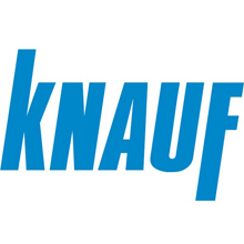 Синий логотип Knauf, выполненный жирным заглавными буквами с современным наклонным шрифтом на белом фоне, создан в сотрудничестве с Soldis.