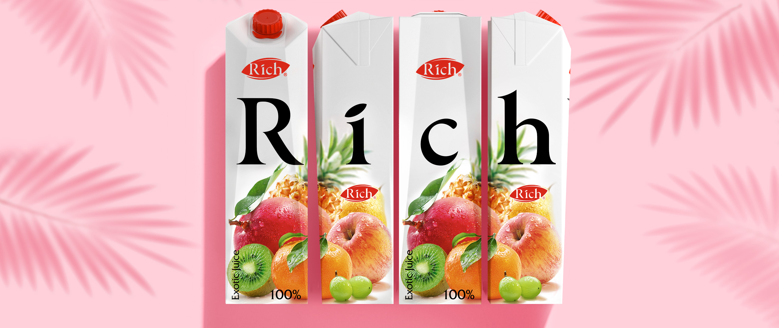 Четыре коробки экзотического сока Rich с изображением граната, киви, яблока и винограда на упаковке, составляют Rich на розовом фоне с тенями пальмовых листьев. Выделено сотрудничество с Soldis.