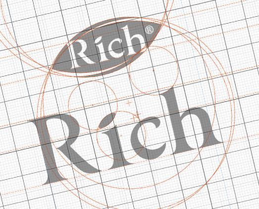 На изображении показано слово Rich, написанное шрифтом с засечками на сетчатом фоне, с оранжевыми геометрическими вспомогательными линиями и кругами, пересекающими буквы, что иллюстрирует процесс разработки логотипа Soldis.