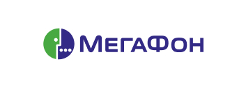 Логотип «МегаФона» с зелено-фиолетовым круговым рисунком, напоминающим лицо, созданный Солдисом, и названием «МегаФон» кириллическими буквами рядом синим текстом.