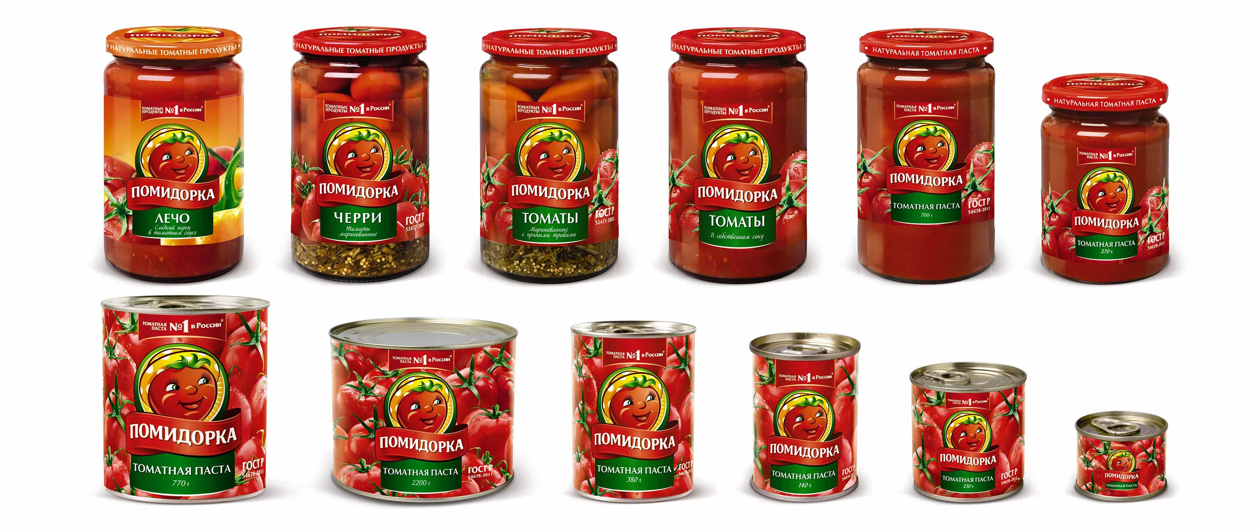 Различные банки и банки томатной продукции Pomidorka с изображением Soldis расположены в два ряда с красными этикетками и мультяшным логотипом томата. В ассортимент входят томатная паста, целые томаты, томаты черри и соусы.