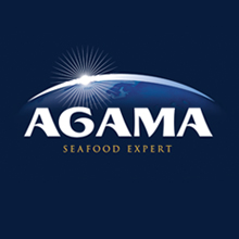 Логотип AGAMA Seafood Expert на темно-синем фоне, с названием компании, написанным жирными белыми буквами, с сияющим светом над буквой A и изогнутой линией, напоминающей земной шар или горизонт, созданный Soldis.