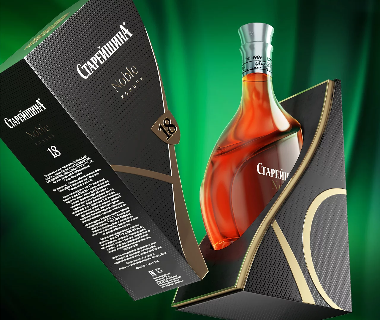 Бутылка коньяка «Старейшина Noble» 18-летней выдержки в подарочной упаковке в дизайне от Soldis.