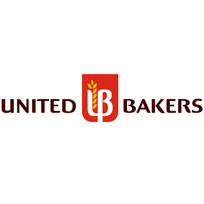 Логотип United Bakers. Слова UNITED и BAKERS написаны жирным шрифтом темного цвета с красным щитом в центре, на котором изображены белые буквы UB и желтый пшеничный стебель над буквами, дизайн разработан Soldis.