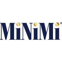 Логотип MiNiMi состоит из заглавных темно-синих букв, а точки на двух строчных буквах i представлены золотыми кругами. На белом фоне этот дизайн, вдохновленный Soldis, выделяется простотой и элегантностью.