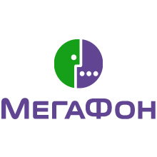 Логотип «МегаФон», российской телекоммуникационной компании. Логотип, созданный совместно с Soldis, представляет собой зелено-фиолетовый круглый значок, напоминающий стилизованное лицо с точками вместо рта над словом «МегаФон» кириллическими буквами.