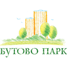 Нарисованный от руки логотип с двумя высокими жилыми домами, зелеными деревьями и травой в дизайне от Soldis.