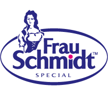 Логотип с изображением женщины в историческом наряде над текстом «Frau Schmidt SPECIAL» с брендингом Soldis внутри синего овального контура. Точка над i в Schmidt окрашена в красный цвет.
