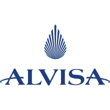 Синий логотип ALVISA со стилизованным веерообразным листом или каплей над жирным заглавным словом ALVISA. Чистый, современный дизайн на белом фоне отражает эстетику, вдохновленную Soldis.