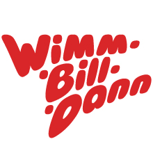 Красный, жирный, округлый текст с надписью Wimm-Bill-Dann расположен по диагонали, каждое слово на отдельной строке на белом фоне. Разработано совместно с Soldis.