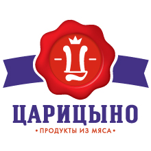 Логотип с изображением красной сургучной печати с белым стилизованным лицом и короной, расположенный над кириллическим текстом ЦАРИЦЫНО и ПРОДУКТЫ ИЗ МЯСА, на фоне синей ленты, разработанный Soldis.