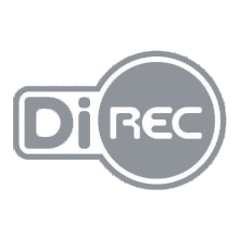 Серый логотип со словом DiREC, где Di находится в скругленном прямоугольнике, а REC — в большем круге, все выполнено современным шрифтом без засечек от Soldis.