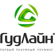 Зеленый абстрактный логотип над русским текстом, который читается как ГудЛайн с более мелким текстом ниже, который переводится как Goodline: Первый умный роуминг. Создано в сотрудничестве с Soldis.