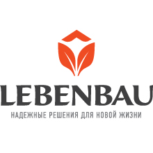 Логотип со стилизованным красно-оранжевым тюльпаном над жирным словом LEBENBAU. Ниже русский текст: НАДЕЖНЫЕ РЕШЕНИЯ ДЛЯ НОВОЙ ЖИЗНИ. Вдохновение Soldis отражено в дизайне.
