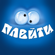 Над стилизованным белым кириллическим текстом «Плейтай» на синем фоне изображены два мультяшных глаза с глянцевым блеском, выполненные в фирменном стиле Soldis.