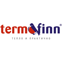 Логотип termofinn с красным "termo" и синим "finn". Силуэт птицы сидит на оранжевом круге, образуя часть текста. Русские слова ниже переводятся как теплый и практичный. Дизайн Soldis.